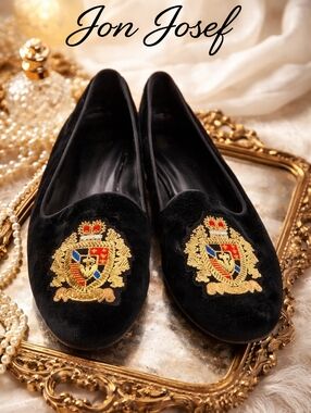 Jon Josef Black Velvet Smoking Slippers Crest Embroidered Loafers Flats 7.5